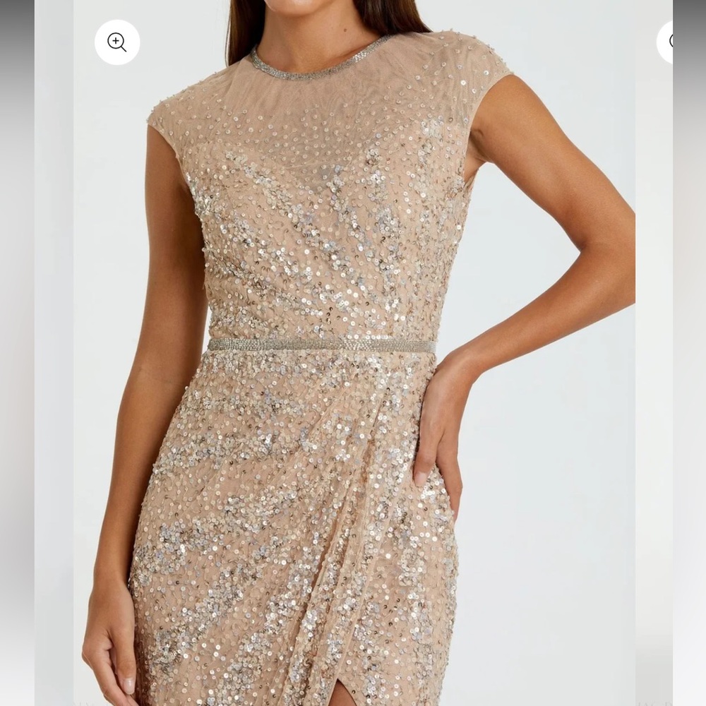 MAC DUGGAL Beige Embellished Illusion High Neck Cap Sleeve Gown - Picture 2 of 7